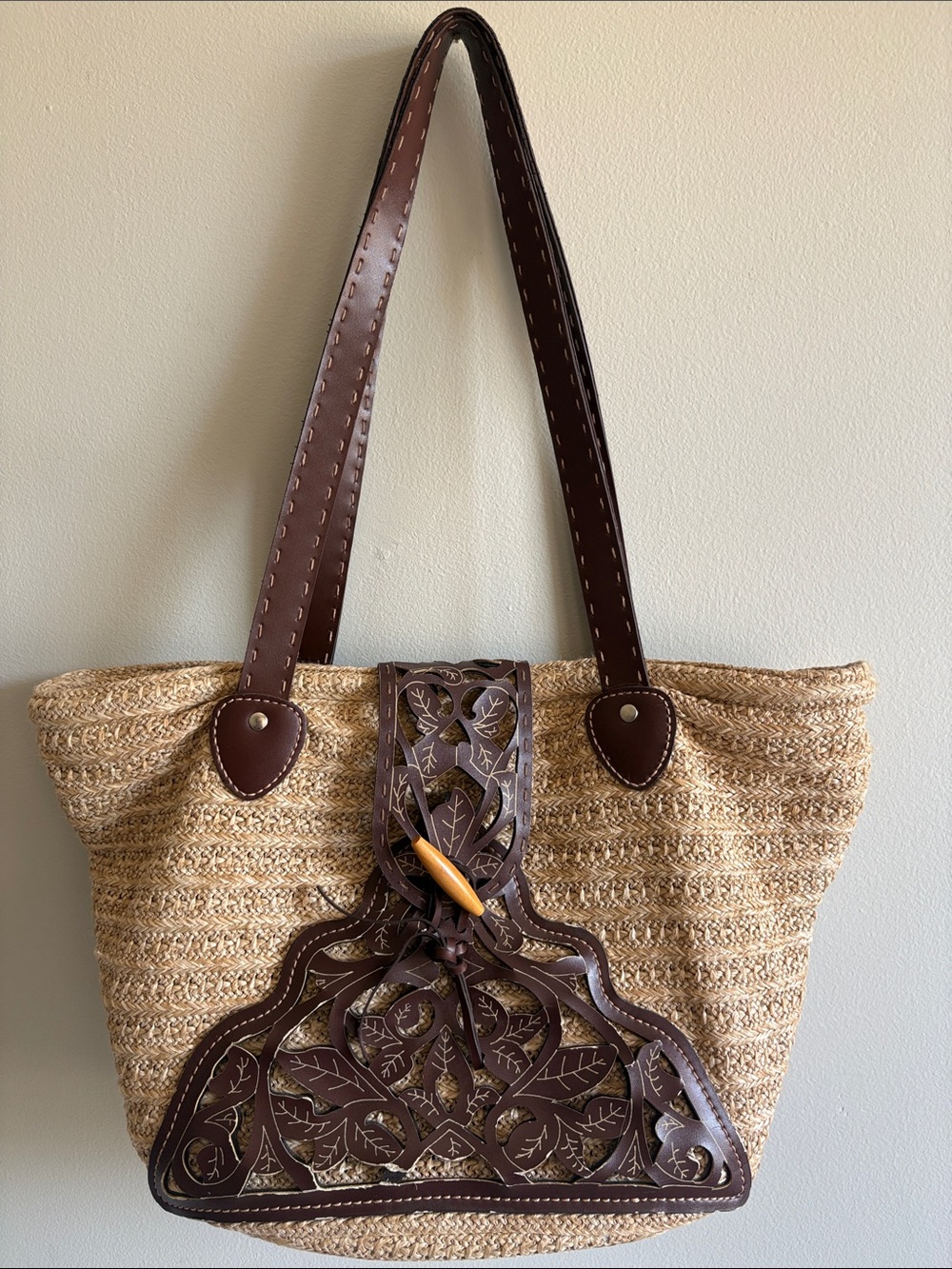 Boho Woven Straw Tote Bag Brown Cutout Overlay Festival Purse